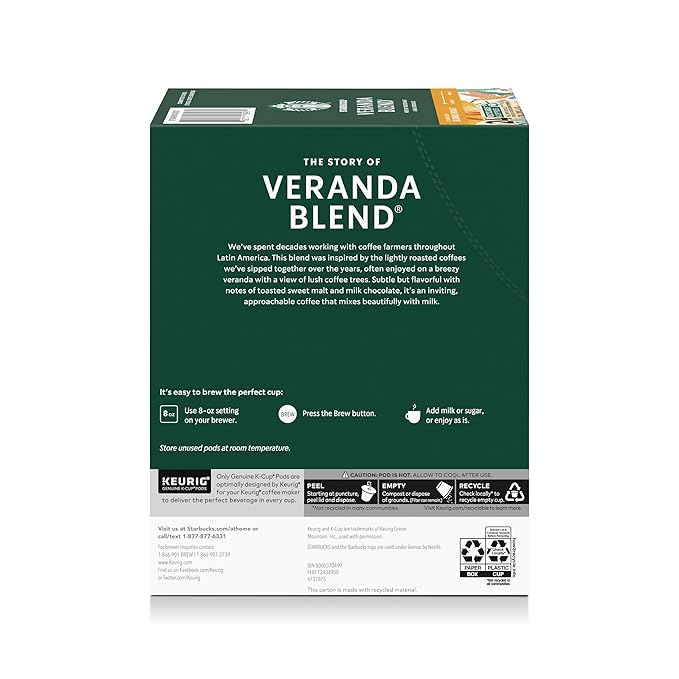 Starbucks K-Cup Coffee Pods Starbucks Blonde Roast Hot or Iced Coffee Veranda Blend 24 Keurig Pods