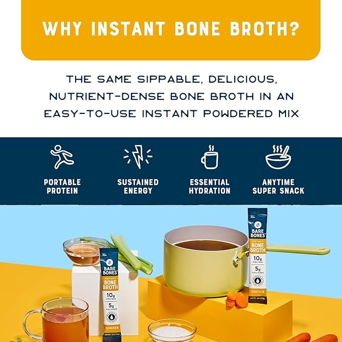 Bare Bones Classic Chicken Bone Broth Instant Powdered Mix Packets | 5g Collagen | 10g Protein | Keto &amp Paleo Friendly | No Artificial Flavors | Non-GMO Gluten-Free Dairy-Free on-the-go 16 Pack