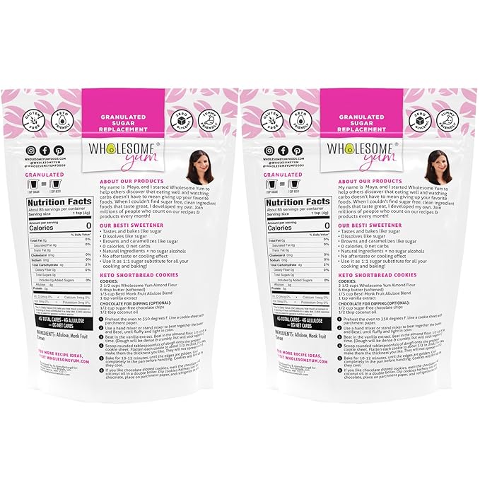 Wholesome Yum Besti Natural Sugar Substitute - Keto Granulated Monk Fruit Sweetener Blend With Allulose (No Erythritol) - Non GMO Zero Calorie Zero Carb Sugar Free No Aftertaste (12 oz 2 Pack)