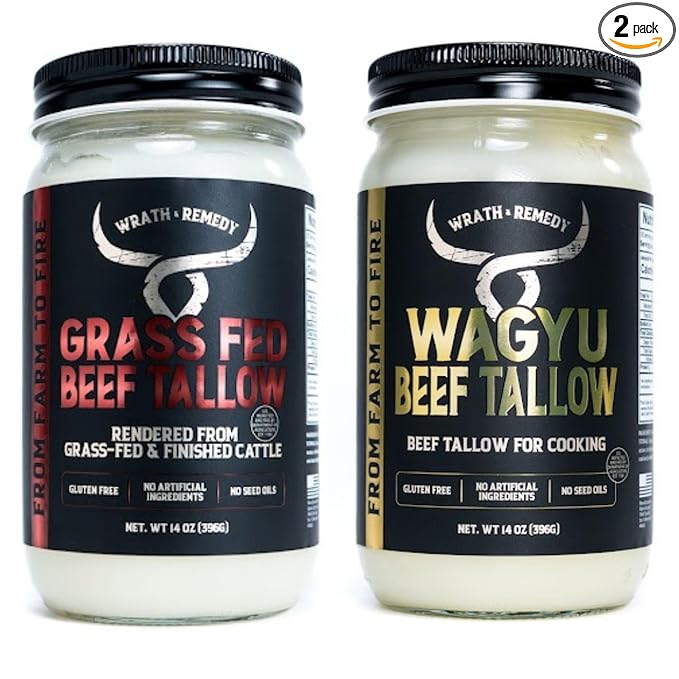 Wagyu &amp Grass-Fed Beef Tallow for Cooking (14 oz - Pack of 2) — US-Made 100% Pure Cooking Tallow Rich Flavor — Beef Tallow for Frying Searing Baking (S.P ~400°F) — Keto Paleo Carnivore Frien