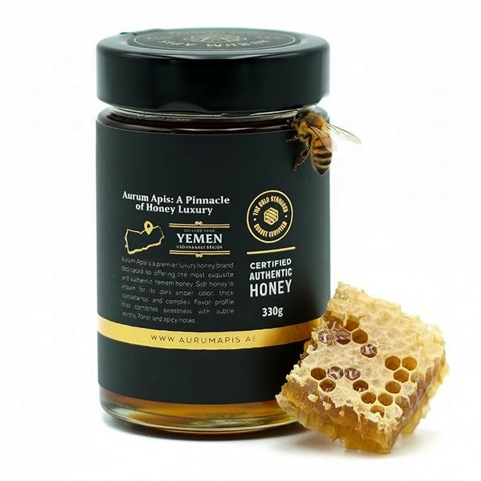 Aurum Apis Raw Yemeni Sidr Honey 100% Raw Unfiltered Pure Honey Hand Harvested Organic Honey Non-GMO Unprocessed Certified Organic Honey from Sidr Tree Blossoms Rich Flavor &amp Aroma Honey Jar
