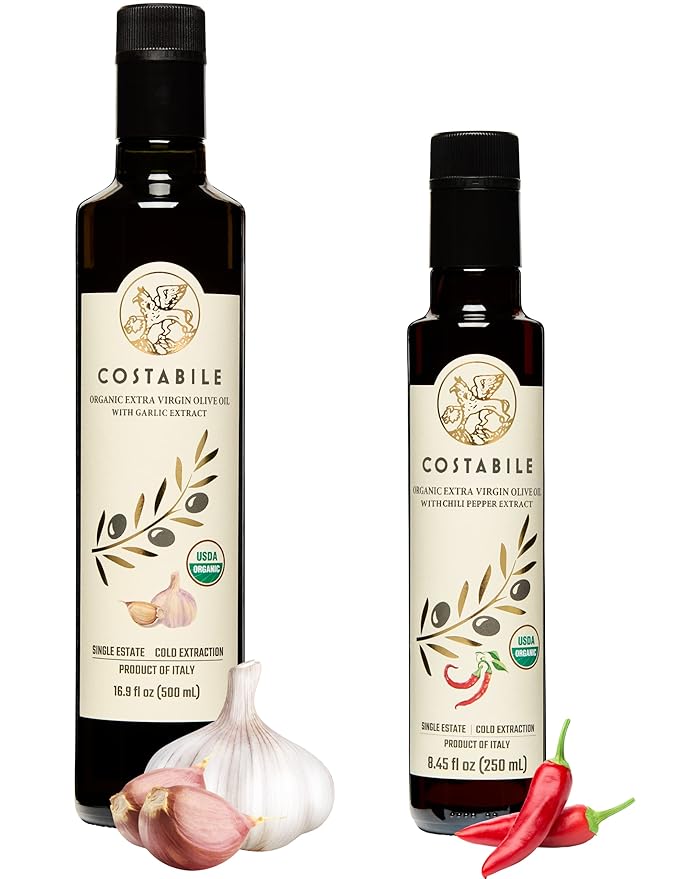 Spicy Hot Oil &amp Garlic Infused Olive Oil Set. Hot Chilli Pepper Oil &amp Garlic Infused Oil. All Organic Extra Virgin Olive Oil and 100% Italian - Costabile