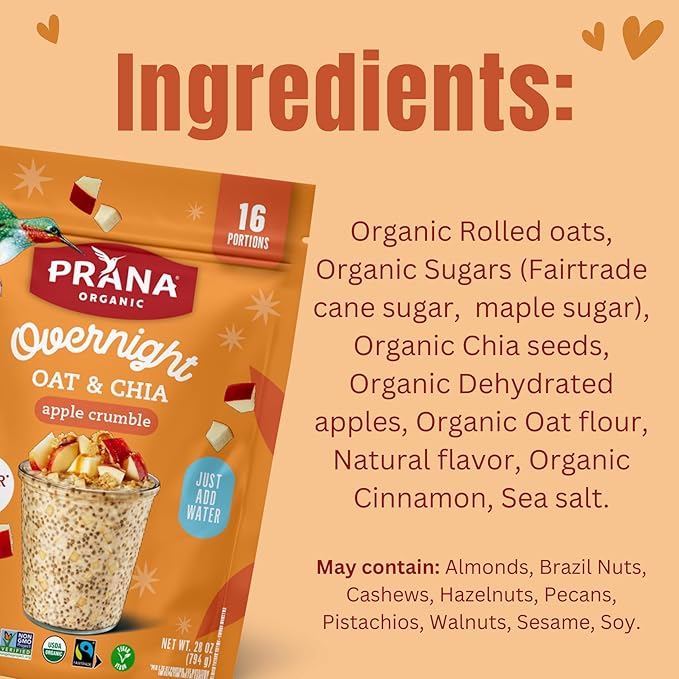 Prana Organic Overnight Chia with Oats Apple Crumble | Rich in Fiber &amp Protein Vegan Non-GMO | Ready to Eat Breakfast - 28 oz Bags - 2 Pack