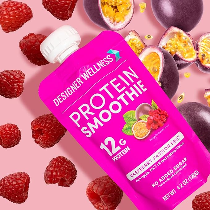 Designer Wellness Protein Smoothie Real Fruit 12g Protein Low Carb Zero Added Sugar Gluten-Free Non-GMO No Artificial Colors or Flavors Raspberry Passion Fruit 12 Count