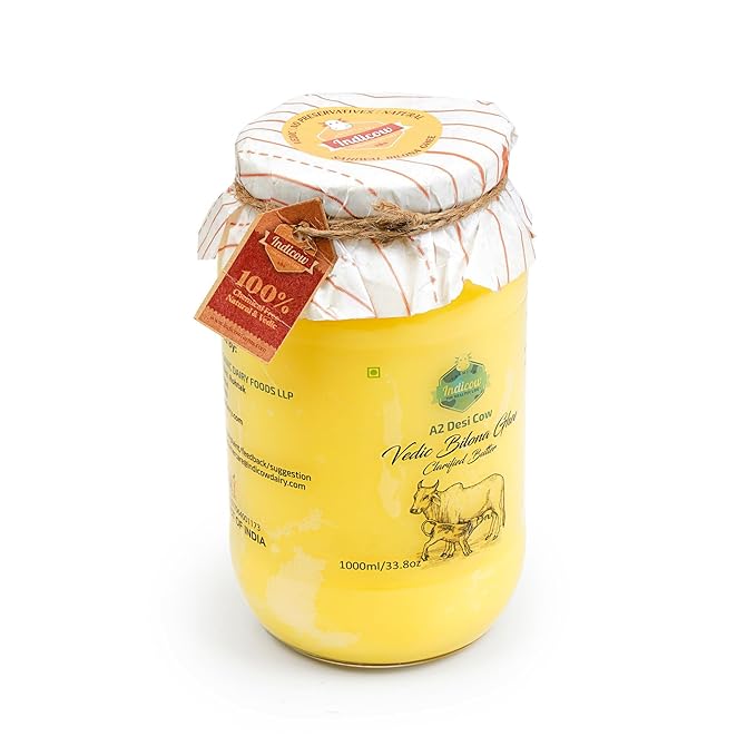 Indicow A2 Desi Cow Ghee Clarified Butter | Grass Fed Cows | (1000ML(33.8oz) A2 Cow Ghee (Sahiwal Cows)) | Clarified Butter Fat Keto Paleo Lactose Free Casein Free Non-GMO |a2 ghee organic