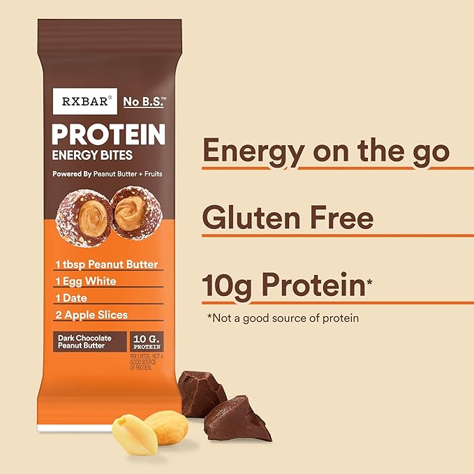 RXBAR Protein Energy Bites Gluten Free Protein Balls Dark Chocolate Peanut Butter 21.1oz Box (24 Bites)