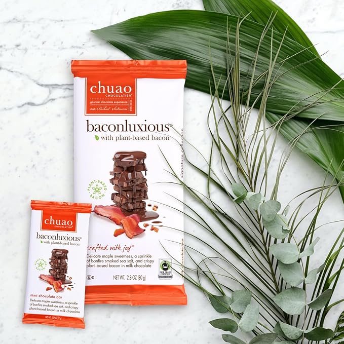 Chuao Chocolatier Baconluxious with Plant-Based Bacon Milk Chocolate Mini Bars | Gourmet Vegetarian No Preservatives | for Gift Baskets for Women Men | 100 Pack