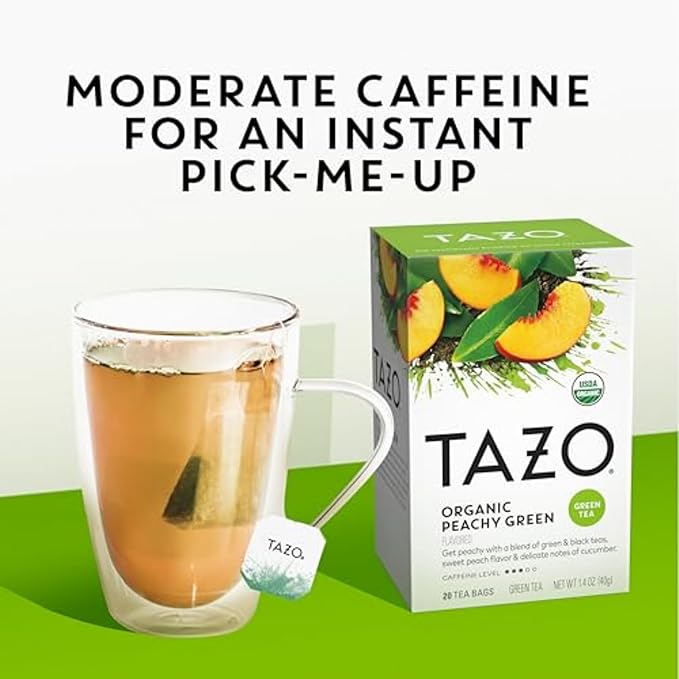 TAZO Organic Peachy Green Tea Bags Green &amp Black Tea Blend with Sweet Peach Flavor Caffeinated Tea 120 Total Bags (20ct - Pack of 6)