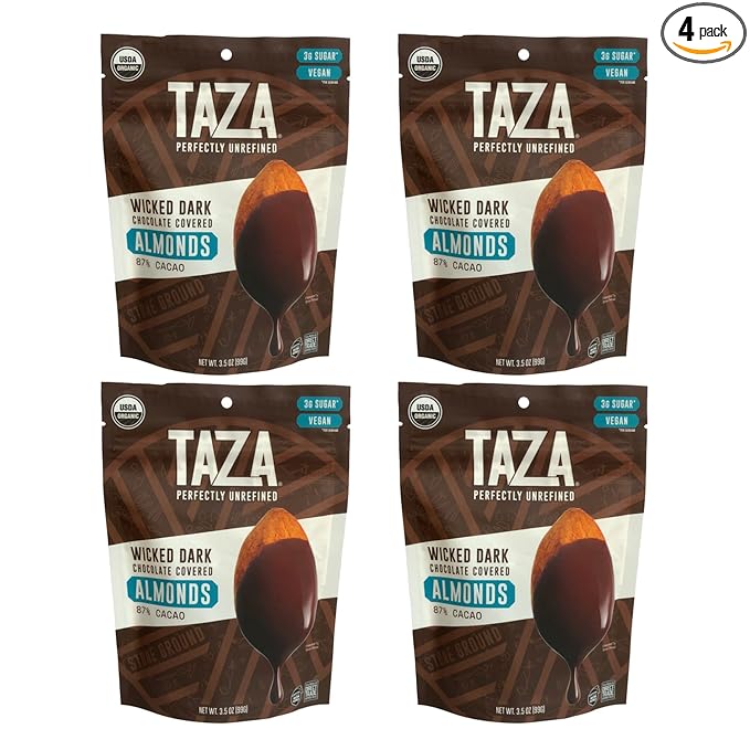 Taza Chocolate Organic Chocolate Covered Almonds 87% Wicked Dark Chocolate Vegan 3.5 Ounce (4 Count)