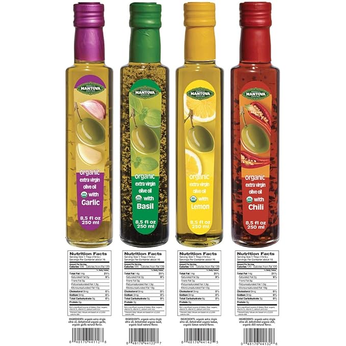 Mantova Organic Flavored Extra Virgin Olive Oil Variety Pack – Garlic Basil Chili and Lemon (8.5 oz Bottles Pack of 4) – Perfect for Cooking Dressing and a Great Gift Item