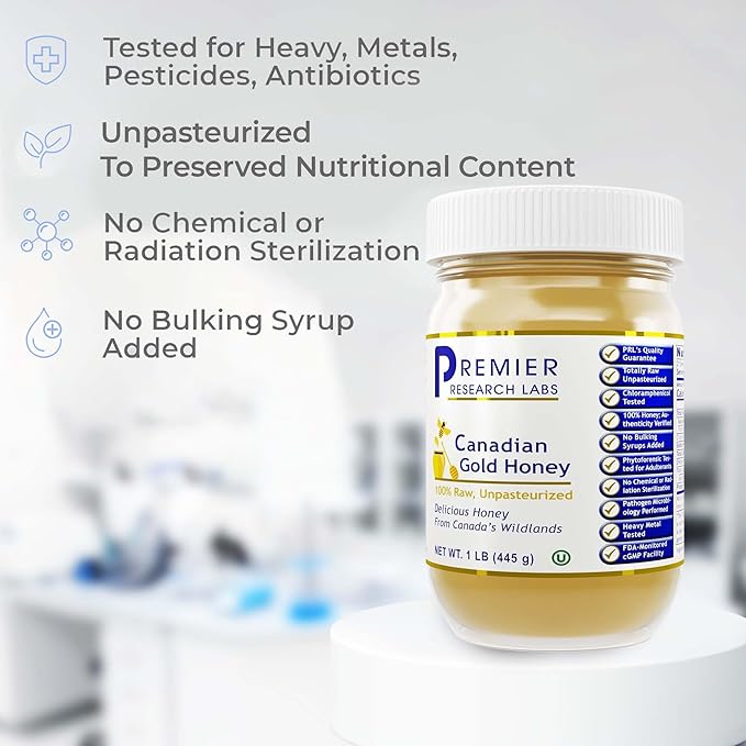 Premier Research Labs Canadian Gold Honey - Raw Honey Pure Honey Raw Unpasteurized Honey Unfiltered 100% Pure Sugar-Free Unprocessed Wildflower Honey - 1 lb Jar