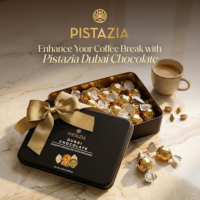 Pistazia Dubai Chocolate Balls – 8.8 oz (250g) – Premium Dubai Chocolate Pistachio Candy Gift Box in Black Metal Tin Real Chocolate