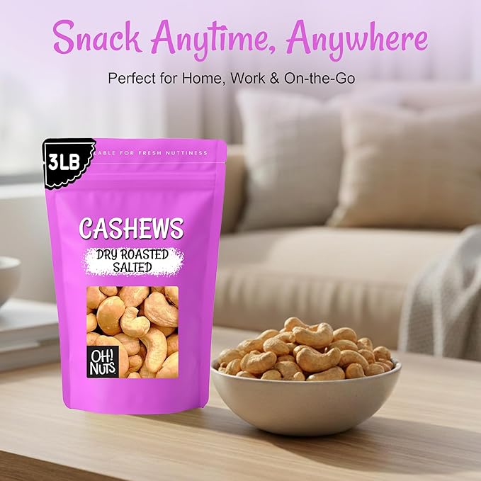 Oh! Nuts Cashews Roasted Salted - 3 lb - Oven Dry Roasted Cashews - Packed in New York Zip-Seal Bag for Exceptional Freshness