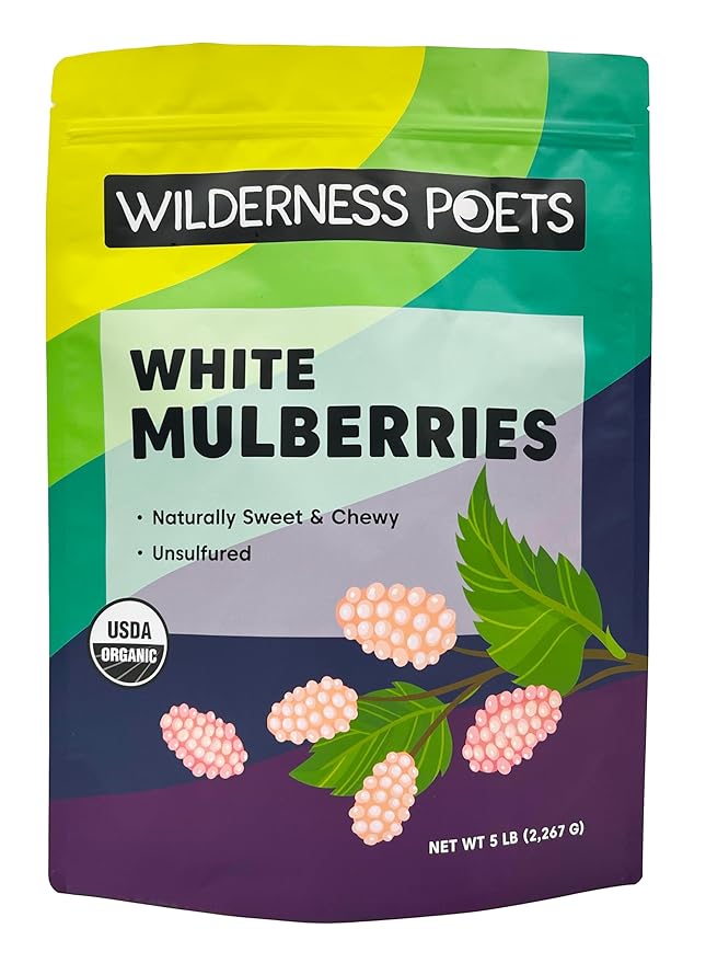 Wilderness Poets White Mulberries - Organic &amp Raw - Bulk Dried Mulberries - (80 Ounce - 5 Pound)