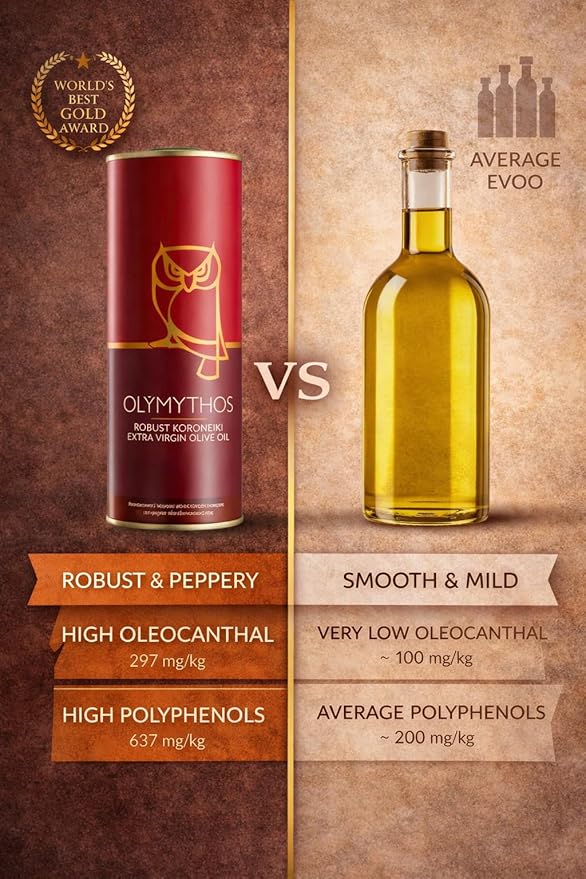 OLYMYTHOS Koroneiki Robust Extra Virgin Olive Oil - Polyphenol Rich (637 MG/KG) - World's Best Gold Award - 60X MORE Hydroxytyrosol Polyphenols - Single Origin - 750 ml (25.36 fl oz)