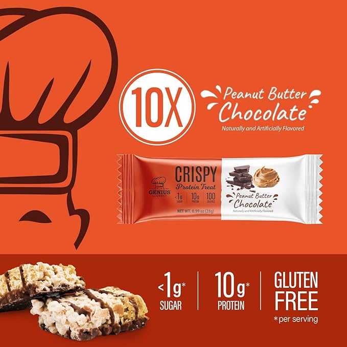 Genius Gourmet Crispy Protein Treat Chocolate Peanut Butter Keto Snack Low Carb Low Sugar &amp Gluten Free Protein Snacks for Adults 10G of Whey Protein per Protein Bar 5 Net Carbs 10 CT
