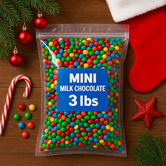 Bulk Mini Milk Chocolate Candy – 3 lbs Resealable Bag | Colorful Candy Coated Chocolates for Party Favors Baking Holidays and Christmas Gifts