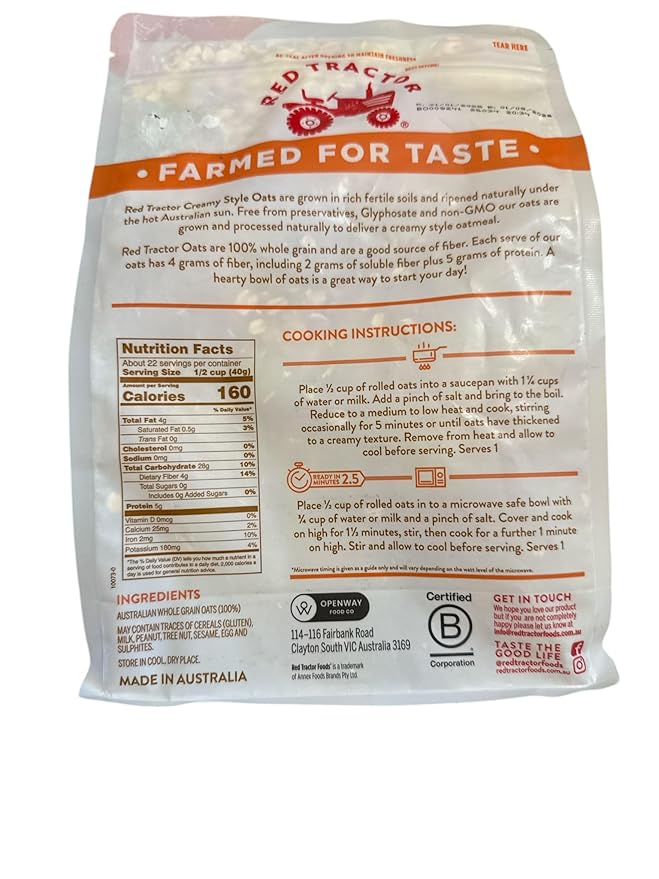 Red Tractor Australian Creamy Style Rolled Oats Non-GMO Wholegrain Glyphosate Residue Free 32 oz
