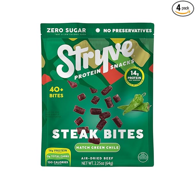 Stryve Protein Snacks - Protein Rich Beef Bites | 28g Protein Sugar Free Carbs Free Gluten Free Dairy Free Keto &amp Paleo Friendly | Hatch Green Chili Pack Of 4