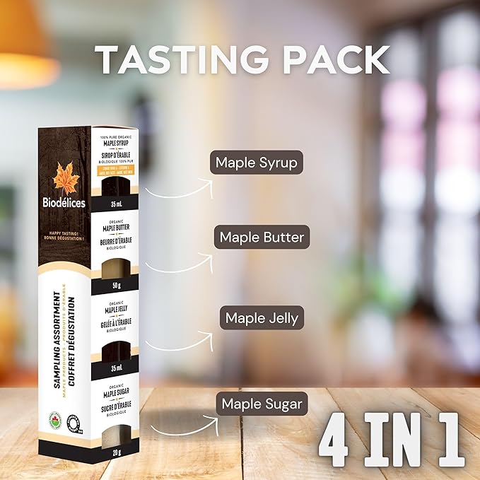 Biodelices Organic Maple Syrup Maple Butter Maple Jelly and Maple Sugar - 100% Pure Maple Syrup - Tasting Pack - Premium Artisan Natural and Authentic