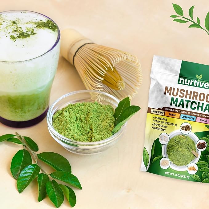 Nurtive Mushroom Matcha Powder - Harmonious Blend of Ceremonial Matcha and Adaptogenic Mushrooms Including Lion's Mane Reishi Cordyceps Chaga and Tremella (8oz / 227g)