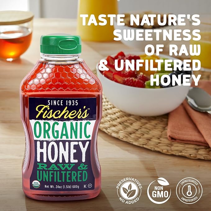 Fischer's 100% Organic Honey USDA Certified – Pure Raw &amp Unfiltered Honey – All-Natural Sweetener – Rich Flavor Profile Packed with Nutrients 24 Oz (Pack of 2)