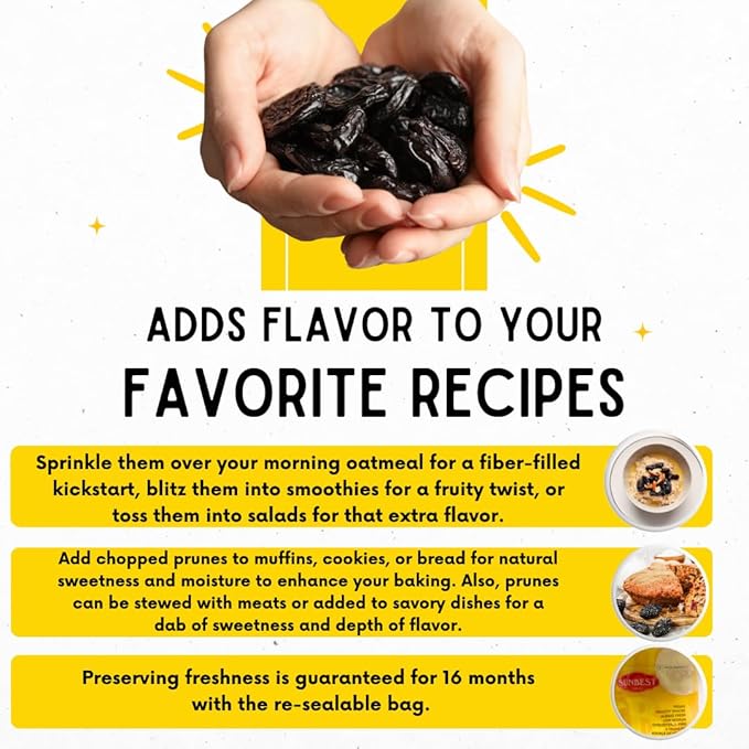 Sunbest Natural Dried Pitted Prunes 3 lbs – Unsweetened Jumbo Dried Plums – Juicy Healthy Snack Rich in Fiber &amp Potassium for Digestive Health (48oz)