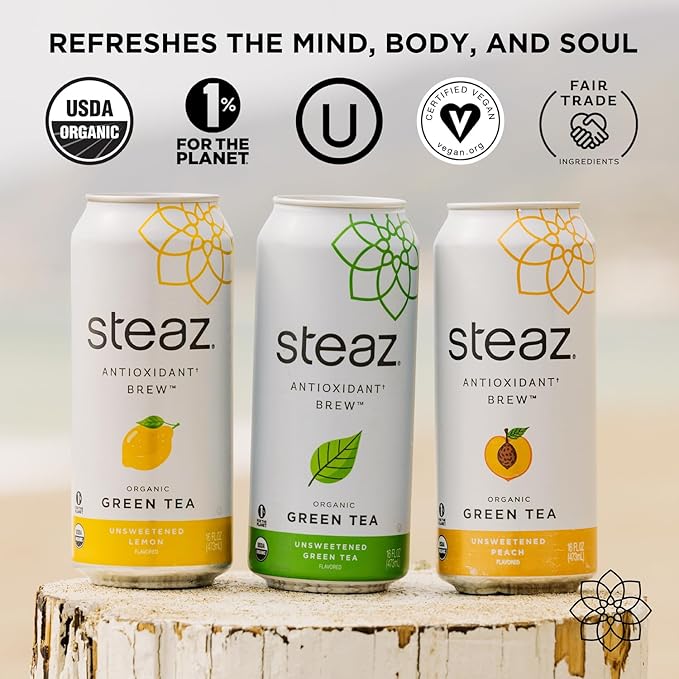 Steaz - Organic Green Tea - Unsweetened Lemon (12 Pack) - Antioxidant Brew - 65mg Natural Caffeine Zero Sugar 0 Calories Vitamin C - Unsweetened Iced Tea - Vegan - 12 Cans 16 fl oz (473mL)