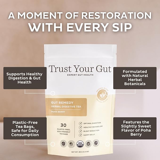 Trust Your Gut Organic Herbal Tea Blend – Lemon Balm Holy Basil Dandelion &amp Ginger Root – Supports Healthy Digestion &amp Gut Balance – Poha Berry 30 Bags