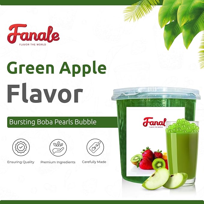 Fanale Green Apple Popping Boba Pearls Vegan Non GMO Gluten Free Fat Free Perfect for Bubble Tea Smoothies Ice Cream Desserts and Beverages.