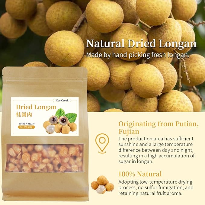 Hee Creek Natural Dried Longan Fruit 17.6oz/500g Dried Longan Berries Fruit Meat Chinese Herbs Peeled &amp Pitted No Sugar Added No Smoky 桂圆干 龙眼肉 龍眼