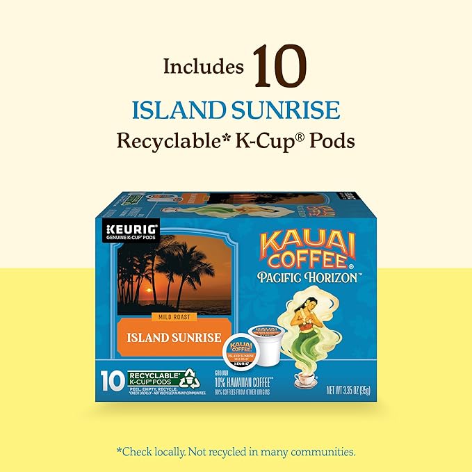Kauai Coffee K-Cup Pods for Keurig Brewers – Arabica Coffee 10% Hawaiian – Mild Roast Light with Bright Aroma – Island Sunrise 1 Pack of 10 Single Serve K-Cups