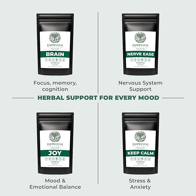 Elephantal Wellness Premium Brain Herbal Tea | Nootropic Focus &amp Mental Clarity with Ginkgo Bacopa Gotu Kola &amp Rosemary | Non-GMO Caffeine-Free Coffee Alternative Handmade Loose Leaf Blend