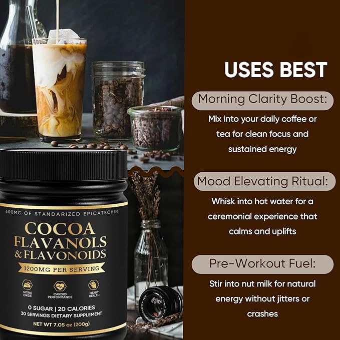 High Flavanol Cacao Powder with 1200mg Flavanols &amp Epicatechin Blend for Supports Circulation Energy Boost &amp Elevate Mood Supports Heart Health &amp Brain Function Gluten Free Vegan 200