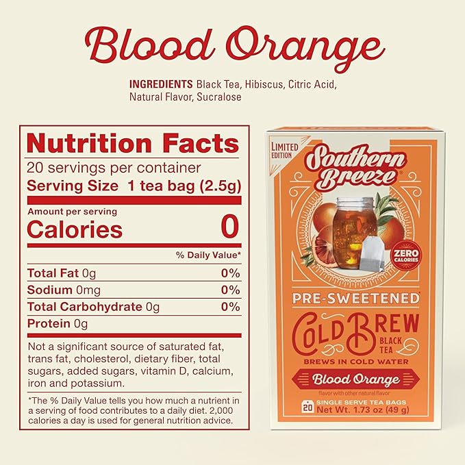 Southern Breeze Cold Brew Sweet Tea Blood Orange Iced Tea with Black Tea and Zero Carbs Zero Sugar 20 Individually Wrapped Tea Bags (Pack of 4) Southern Sweet Tea Iced Tea Beverage