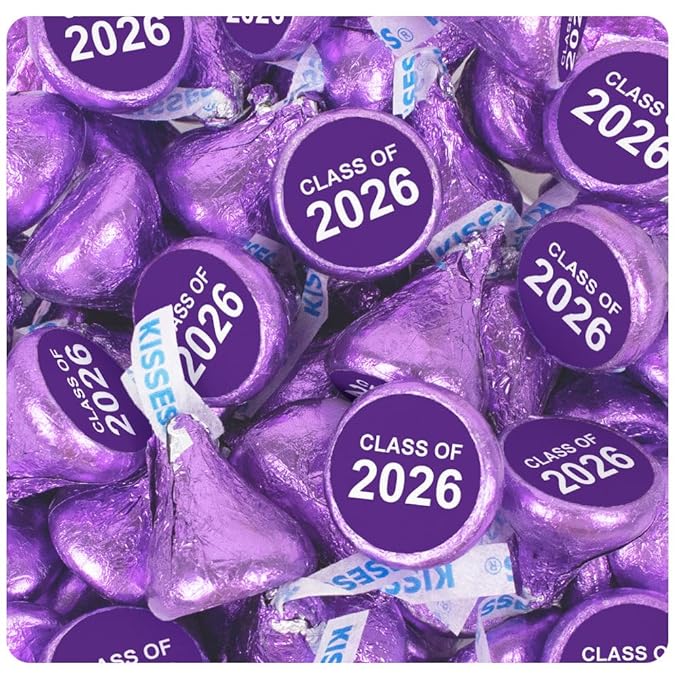 85 Pcs Purple Graduation Candy Class of 2026 Stickered Chocolate Kisses (13.6oz Bag)