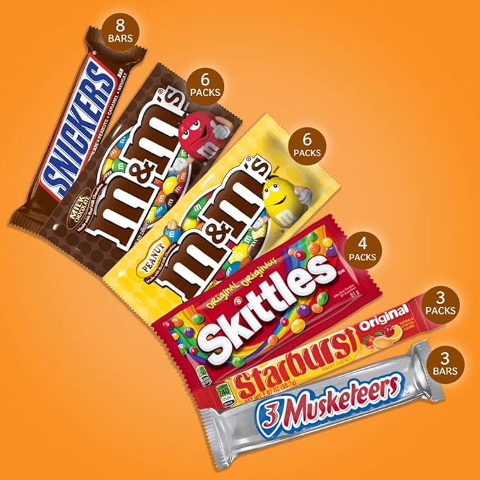 Mars M&ampM'S SNICKERS 3 MUSKETEERS SKITTLES &amp STARBURST Variety Pack Full Size Bulk Candy Assortment 56.11 oz 30 Count