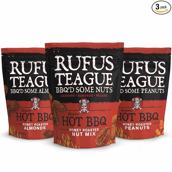 Rufus Teague Hot BBQ Variety Pack – Sweet Spicy &amp Smoky Honey Roasted Nuts Almonds and Peanuts 9 oz Resealable Pouches (3 Pack)