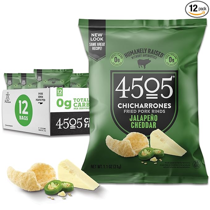 4505 Jalapeno Cheddar Seasoned Chicharrones Fried Pork Rinds - Jalapeno Cheddar Flavored Pork Skins - Low Carb Gluten-Free Protein Snack - 1.1oz (Pack of 12)