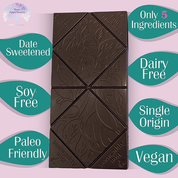 Bon Appesweet Date Sweetened Chocolate Bar - Healthy Dark Chocolate | Sea Salted Almond Chocolate | 2.2 Ounce (Pack of 3) | Organic Zero Added Sugar 70% Cacao Plant Based Dairy Free and Guilt Fre