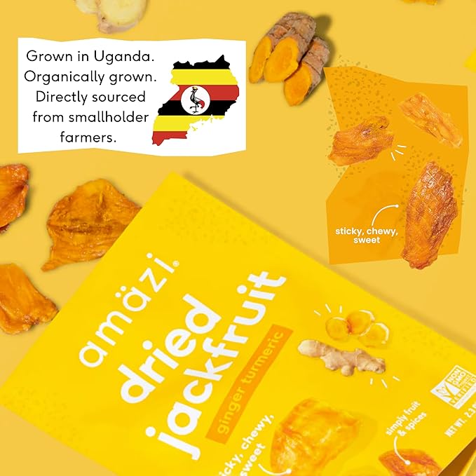 Amäzi Foods | Ginger Turmeric Dried Jackfruit (6 2.3oz Packs) | All Natural Snacks | Gluten Free Healthy Dried Fruit Snacks