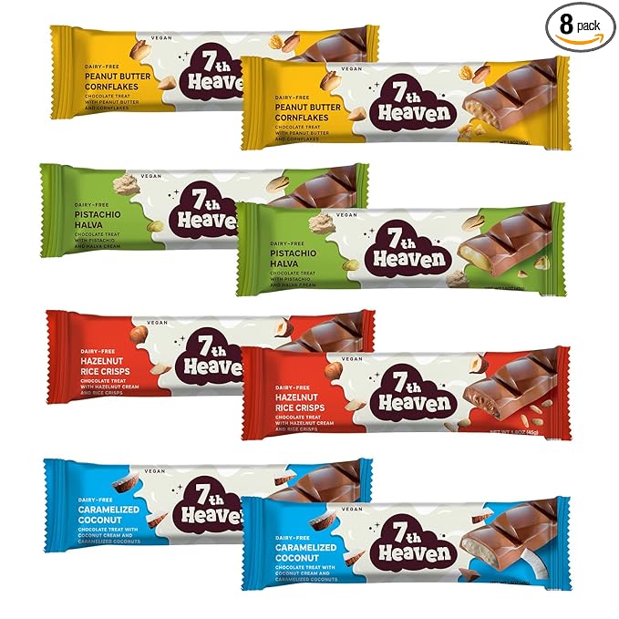 7TH HEAVEN Vegan Chocolate Snack Bars Variety Flavor Chocolate 100% Dairy-Free Kosher Sustainable Fair Trade Cocoa 1.6 oz each 8 Packs