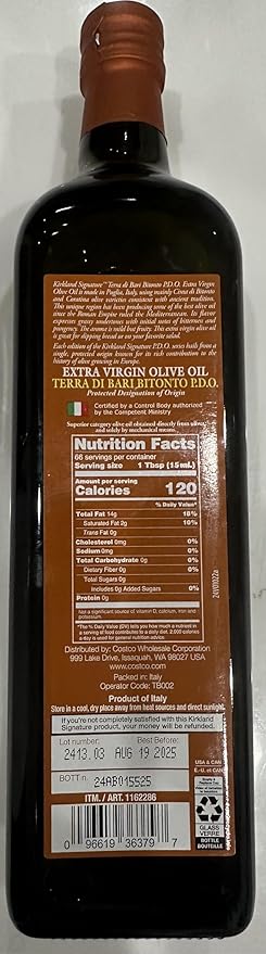 Kirkland Extra Virgin Olive Oil Terra Di Bari Bitonto P.D.O. From Italy 1 Liter