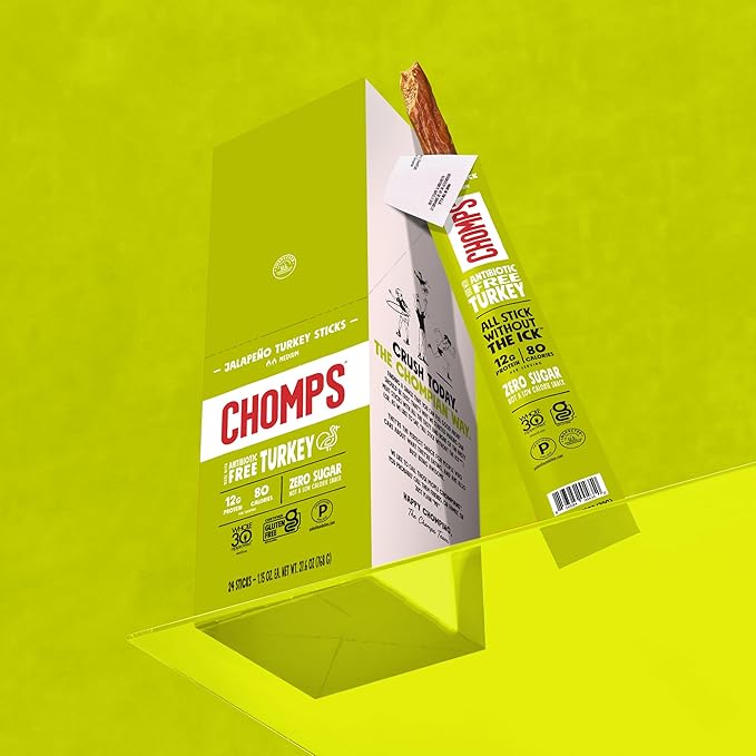 Chomps Jalapeño Turkey Jerky Meat Snack Sticks 24-Pack - Keto Paleo Low Carb Whole30 12g Lean Meat Protein Gluten and Antibiotic Free Zero Sugar