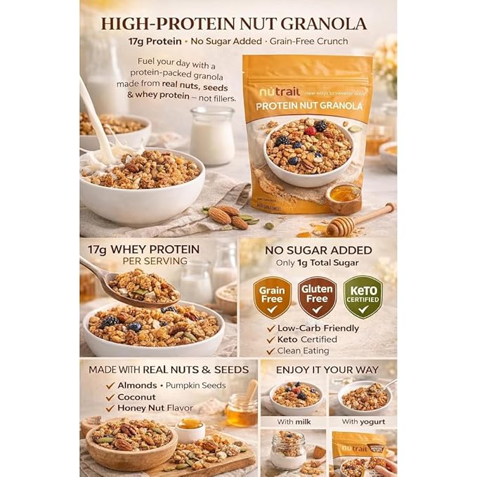 NuTrail! Honey Nut Protein Nut Granola No Sugar Added Low Carb Keto Friendly Gluten Free Granola Cereal High Protein Snack 22 oz Bag (Pack of 2)