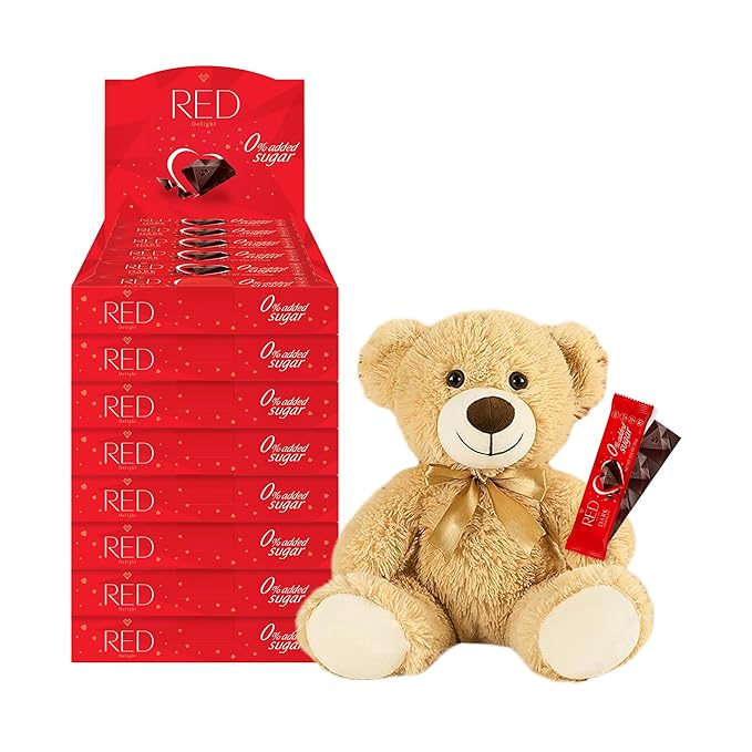 RED Delight®™ Dark Chocolate 12 Count Box of Grab N Go Travel Size Bars (0.92 Ounces Each) with 14 Plush Teddy Bear (8 Boxes - Total of 96 Bars + 14 Plush Teddy Bear)