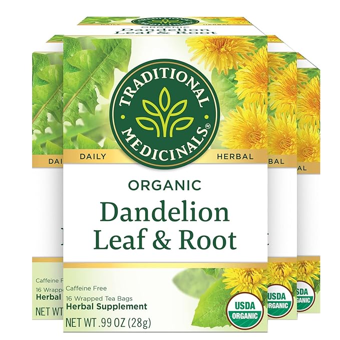 Traditional Medicinals Organic Dandelion Leaf &amp Root Herbal Tea Supports Kidney Function &amp Healthy Digestion 16 Count (Pack of 4) - 64 Tea Bags Total