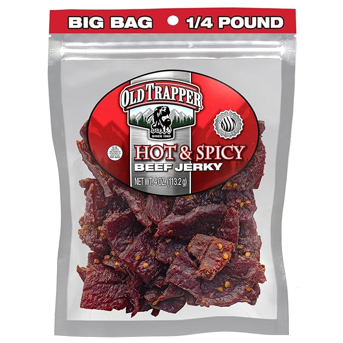 Old Trapper Beef Jerky Hot &amp Spicy 1/4-Pound Individual Package Savory and Spicy Meat Snacks for Lunches or Between Meals 11 Grams of Protein and 70 Calories per Serving (Pack of 8)