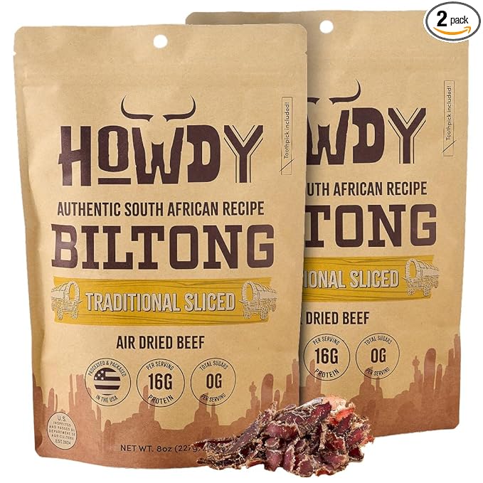 Howdysnax Handcrafted Authentic Small Batch Beef Biltong Traditional Slices 8oz. Sugar Free Paleo Keto Friendly High Protein Jerky Snack (2 8oz Packs)