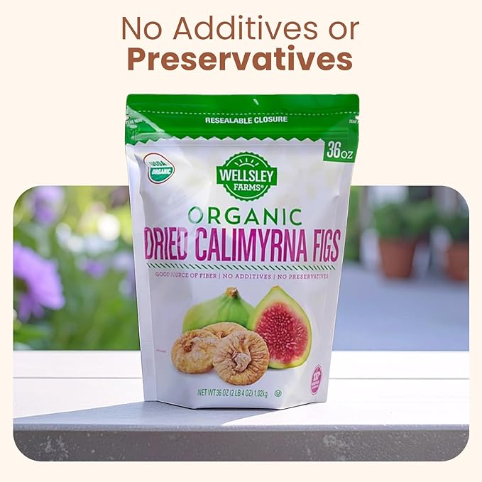 Wellsley Farms Organic Dried Calimyrna Figs - Naturally Sweet High Fiber Snack - No Sugar Added Dried Figs - Gluten-Free Vegan Kosher - Organic Dried Fruit for Snacking Baking - 36oz Resealable Bag
